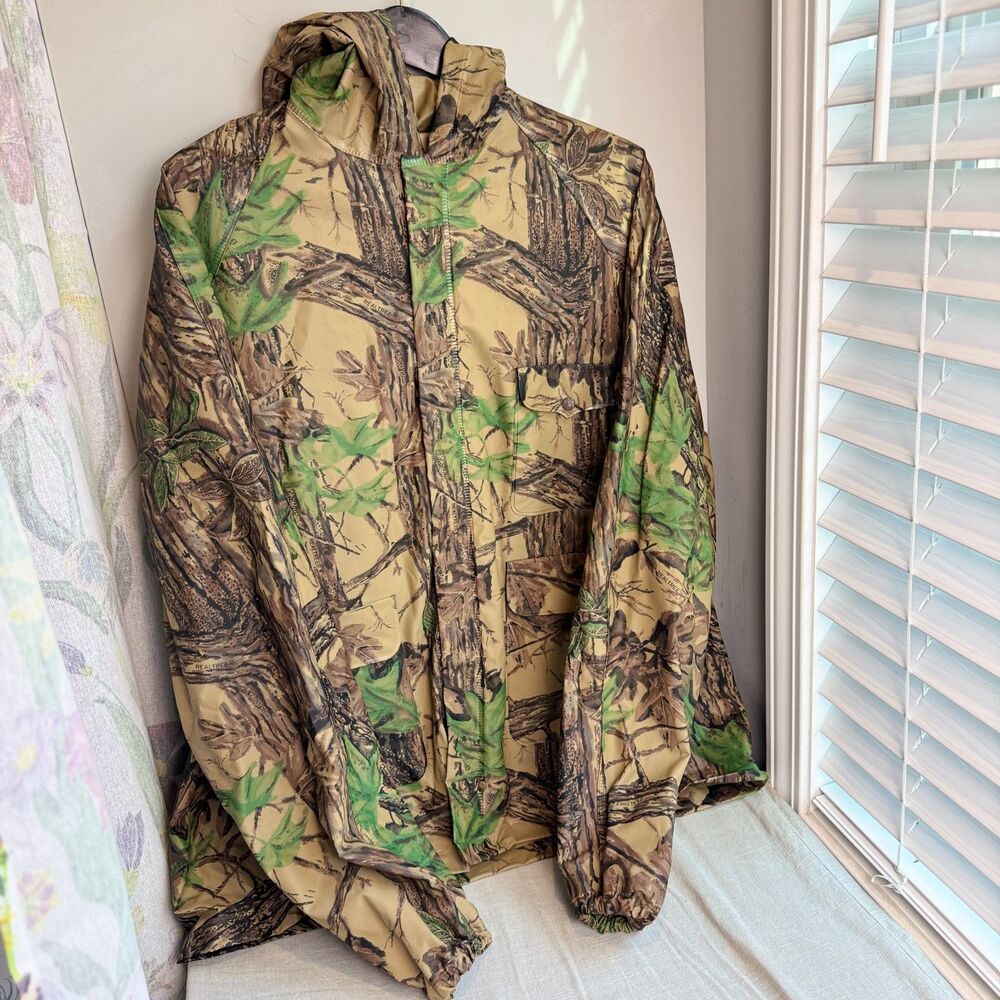 Stearns Mens XL RealTree Camo Rain Jacket Vented Hooded Polyvinyl Long Sleeve
